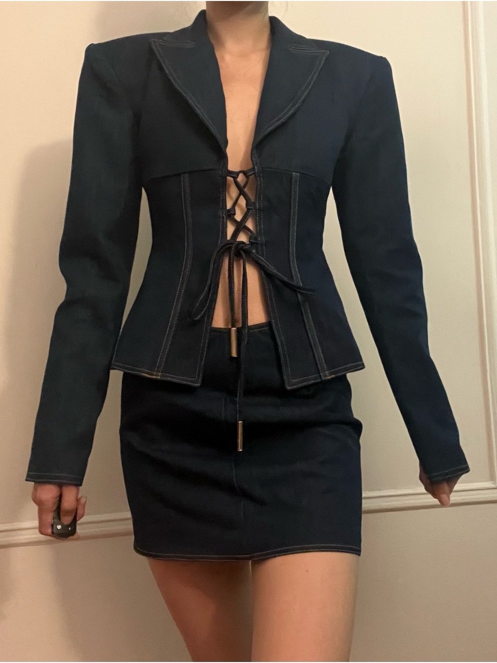 PLT Label Denim Blue Tailored Lace Up Corset Blazer